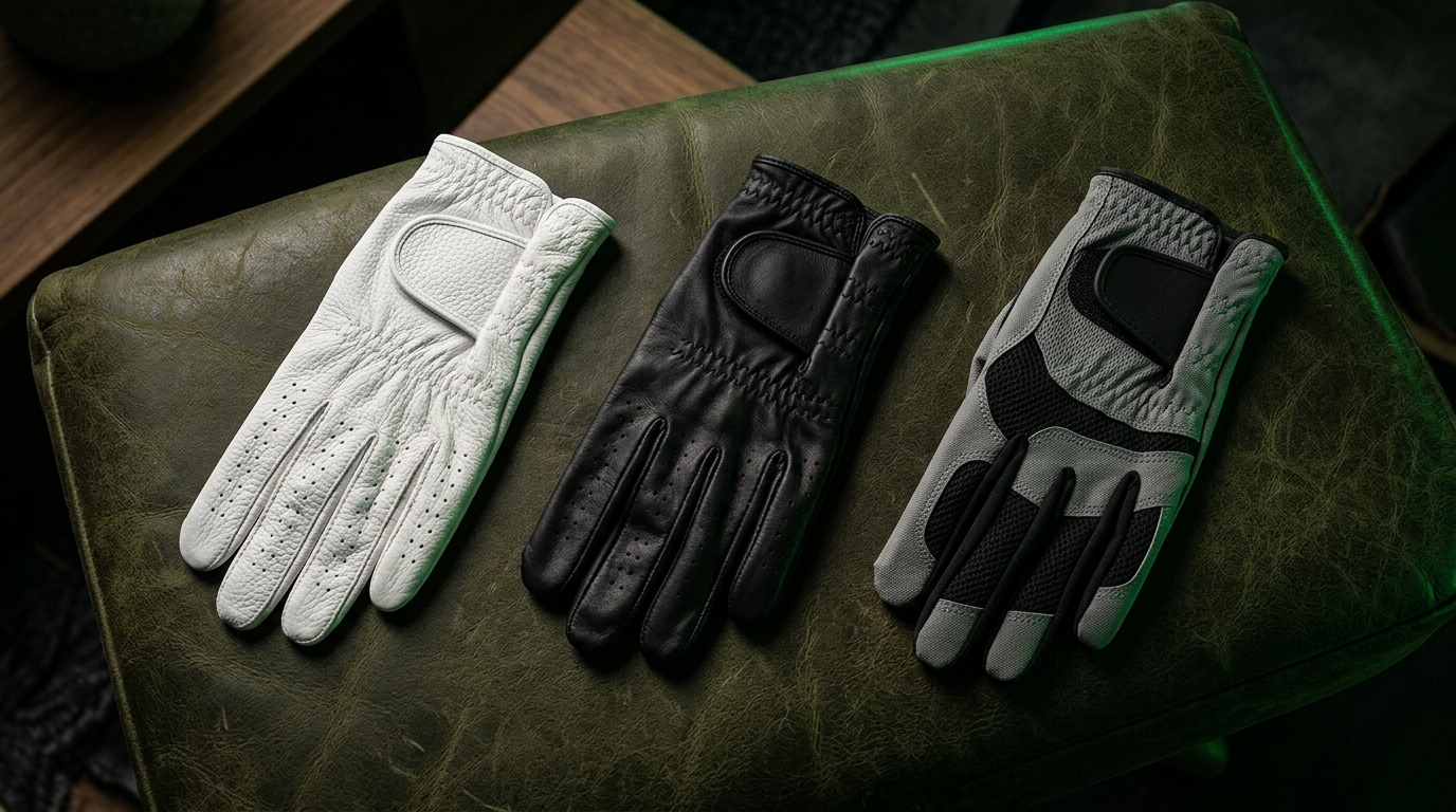 Three premium golf gloves on a dark green leather surface