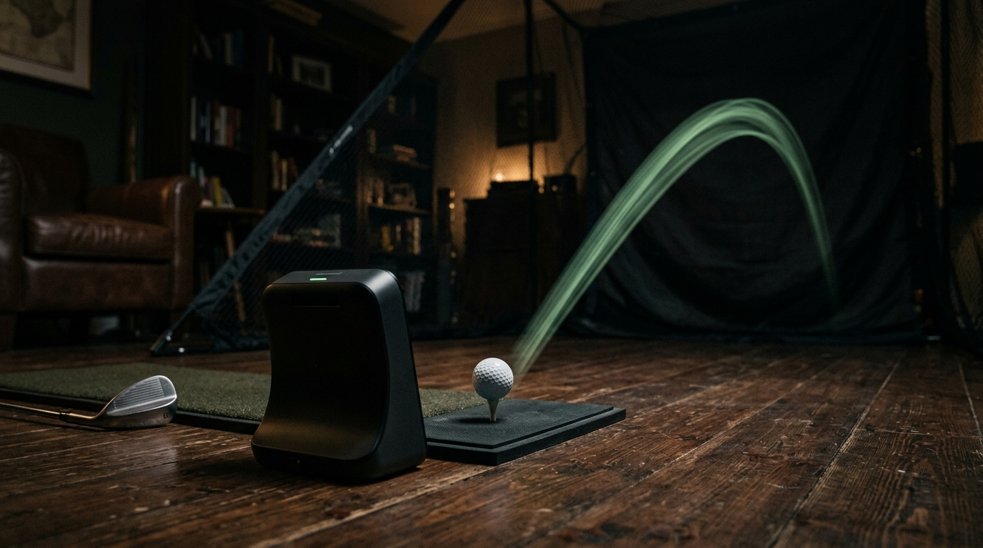 A consumer golf launch monitor on a dark wood floor with green motion trails