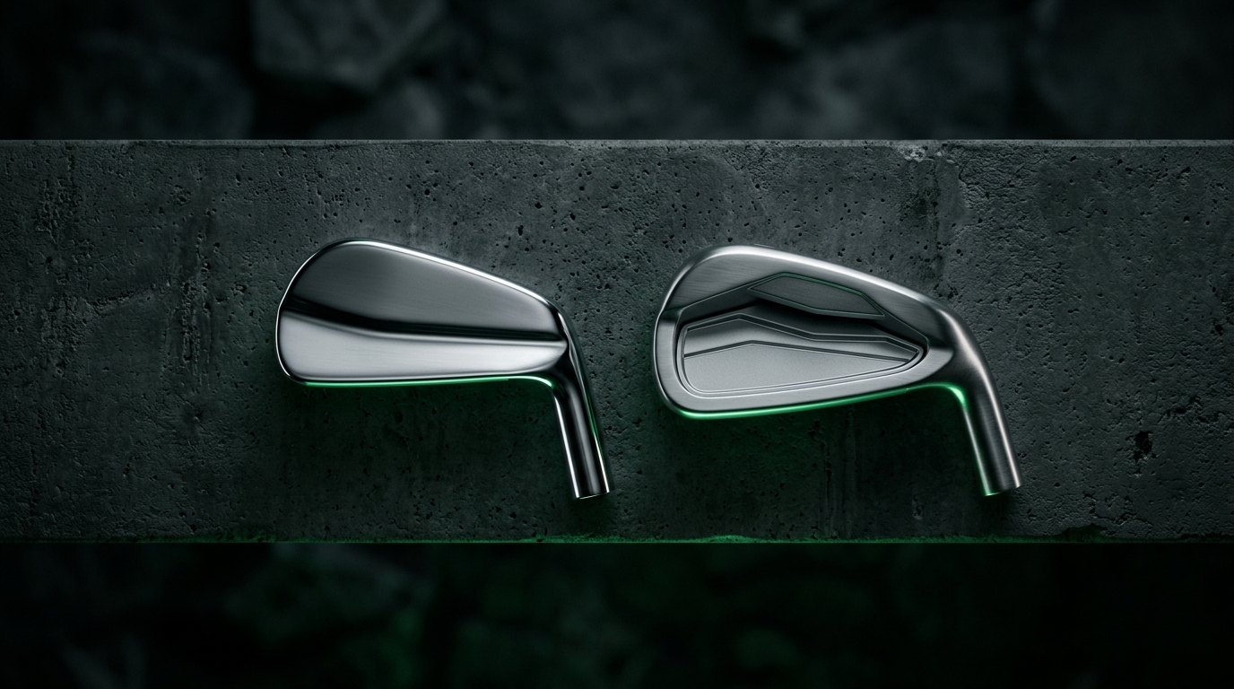 A muscle-back blade iron and a cavity-back game improvement iron side by side
