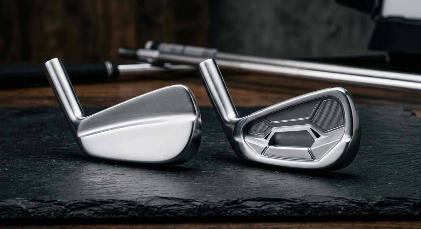 A forged muscle-back iron next to a cast cavity-back iron showing the difference in construction