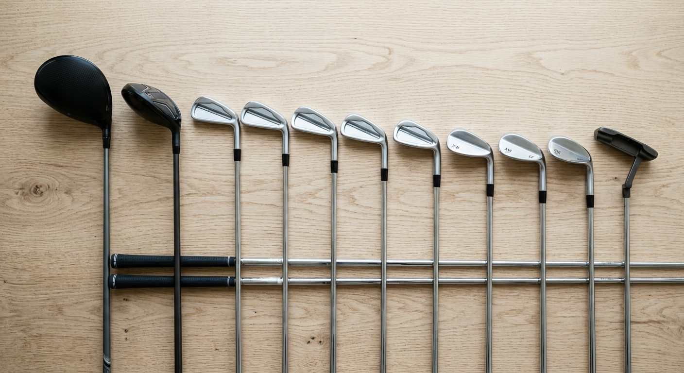 A full golf bag of clubs beside a stack of cash and price tags, illustrating the cost of building a set