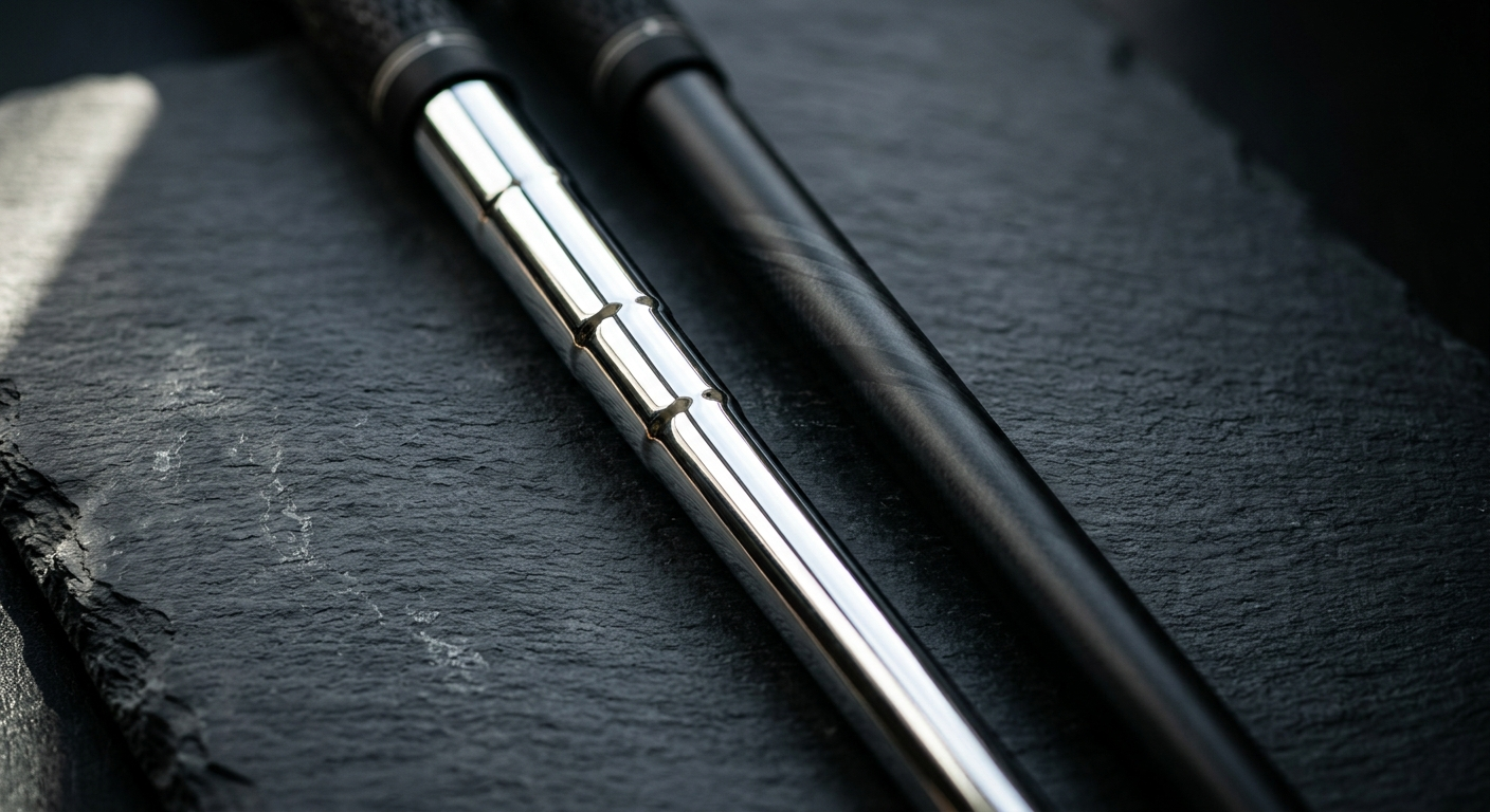 Steel and graphite golf shafts side by side showing the difference in material and finish